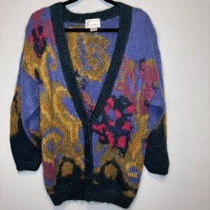 Unique Hand Knit Mohair Novelty Cardigan OversizedSm Colorful Sweater Grannycore